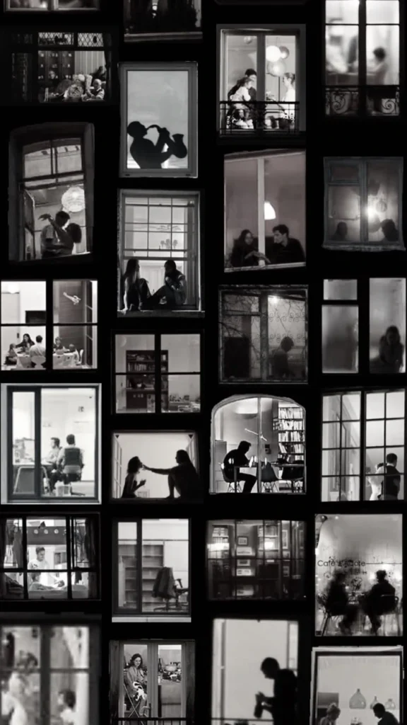 Mosaico de fotografías en blanco y negro, campañas publicitarias