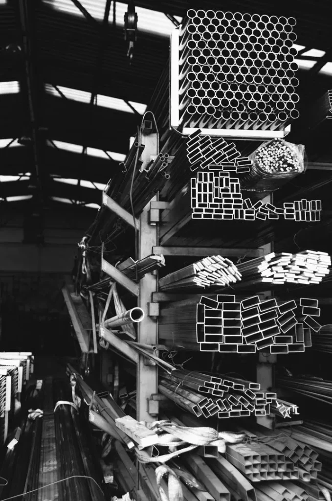 Estanterías industriales en blanco y negro, branding para industria y B2B