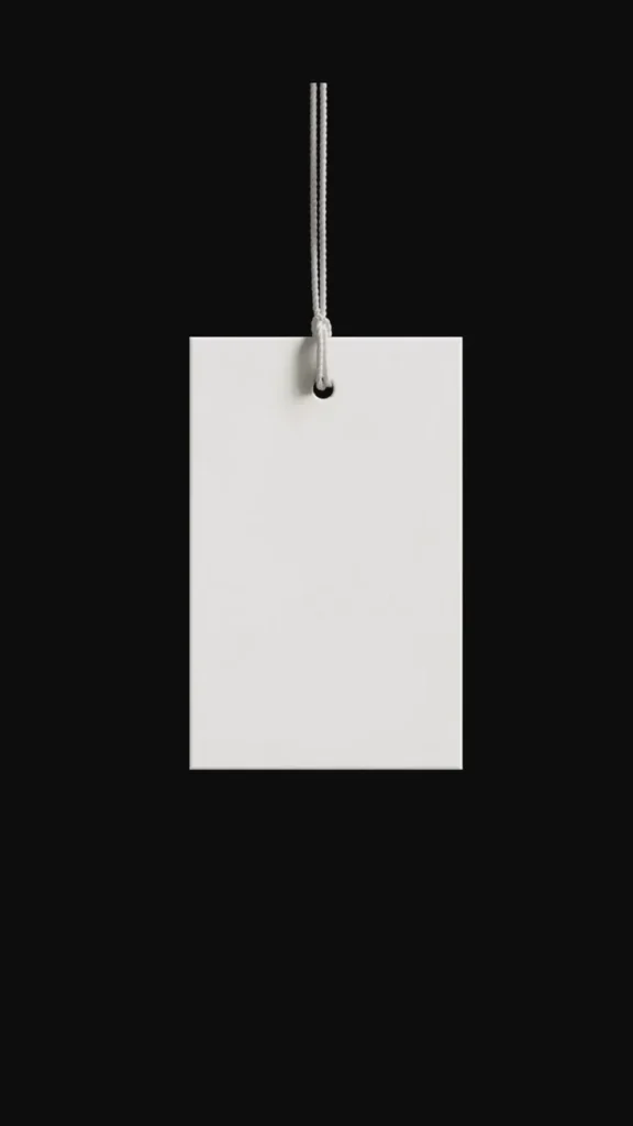 Etiqueta en blanco colgada sobre fondo negro, naming y creación de nombres de marca